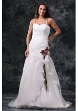 A-Line Straps Brush Train Ruching Organza Wedding Dress with Side Zipper