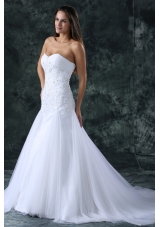 A-Line Sweetheart Beading Tulle Wedding Dress with Court Train