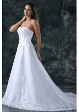 A-Line Sweetheart Court Train Lace and Appliques Organza Wedding Dress