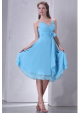 Aqua Blue A-line Spaghetti Straps Knee-length Prom Dress with Sash
