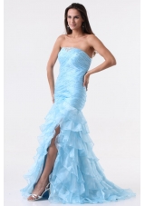 Aqua Blue Mermaid Strapless Prom Dress with Beading and Layers