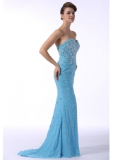 Aqua Blue Mermaid Sweetheart Brush Train Prom Dress with Beading