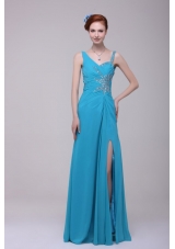 Asymmetrical Beading and High Silt Chiffon Prom Dress in Teal