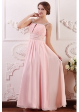 Baby Pink Empire Scoop Straps Prom Dress with Beading and Ruching