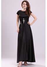 Bateau Black Beading Empire Ankle-length Prom Dress with Short Sleeves