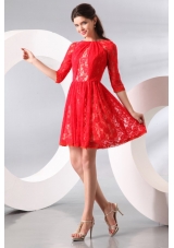 Bateau Lace Fabric Over Skirt Mini-length Prom Dress with Half Sleeves