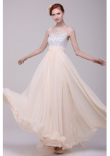 Champagne Spaghetti Straps Empire Chiffon Beaded Decorate Prom Dress