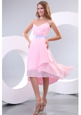 Cheap Baby Pink Spaghetti Straps High-low Prom Dress with Lavender Sash