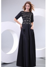 Column Scoop Black Floor-length Lace Prom Dress with Half Sleeves