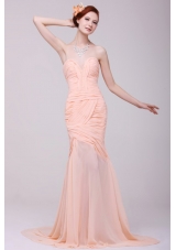 Column Sweetheart Beading and Ruche Peach prom Dress with High Silt