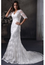 Column V-Neck Open Back Lace Wedding Dress with Court Train