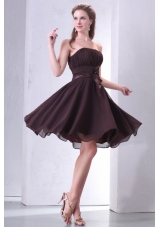 Elegant Brown Strapless Knee-length Prom Dress with Sash and Ruching