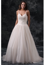 Fashionable A-Line Straps Appliques Tulle Wedding Dress in Champagne