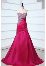 Hot Pink Sweetheart A-line Beading and Rhinestone Sweep Train Prom Dress