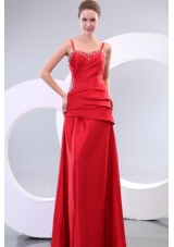 Inexpensive Column Straps Floor-length Beading and Ruching Lace Up Prom Dress in Red