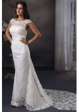 Luxurious Column Scoop Lace Wedding Dress with Watteau Train