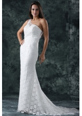 Mermaid Embroidery One Shoulder Lace Sweep Train Wedding Dress