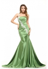Mermaid One Shoulder Olive Green Prom Dress with White Appliques