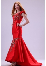 Mermaid Red One Shoulder Embroidery with Beading Prom Dress