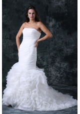 Mermaid Strapless Organza Court Train Ruching and Ruffles Wedding Dress