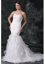 Mermaid Strapless Organza Ruffles and Ruching Wedding Dress with Court Train