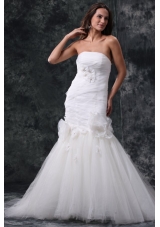 Mermaid Strapless Ruching Lace Up Tulle White Wedding Dress
