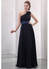 Navy Blue Empire One Shoulder Prom Dress with Beading and Flower