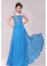 One Shoulder Empire Full Length Teal Prom Dress with Appliques