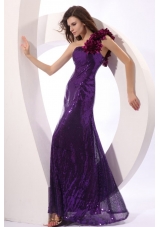 One Shoulder Purple Column Sequins Prom Dress with Hand Made Flowers