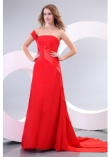 One Shoulder Red Ruche Watteau Train Prom Dress for Evening Party