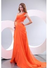 Orange Red One Shoulder Beading and Ruche Prom Dress with Court Train