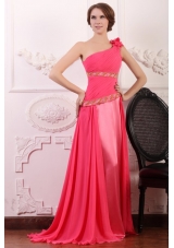 Pink Empire One Shoulder Flowers Beaded Prom Dress with Brush Train