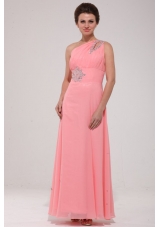 Pink Red One Shoulder Prom Dress with Beading