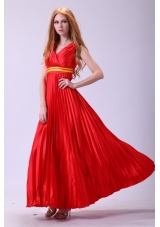 Red Empire V-neck Beaded Decorate Shoulder Prom Dress with Pleats