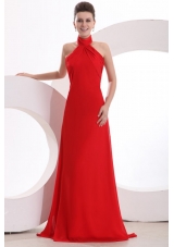 Red Halter Top Neck Empire Chiffon Ruche Prom Dress with Sweep Train