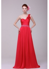 Red One Shoulder Beading and Flowers Brush Train Prom Dress