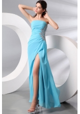 Strapless Aqua Blue Floor-length Appliques and High Silt Prom Dress