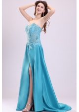 Sweetheart Empire Teal Sweep Train Prom Dress with White Embroidery