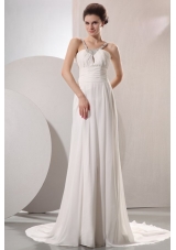 V-neck Empire Chiffon Beaded Decorate Court Train Wedding Dress