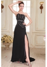 Black Strapless Beading and High Silt Empire Sweep Train Prom Dress