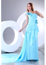 Empire One Shoulder Aqua Blue Watteau Train Prom Dress with Bowknot