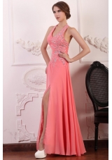 Halter Top Neck Chiffon Empire Beaded Decorate Full Length Prom Dress