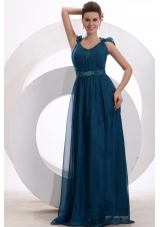 Navy Blue V-neck Cap Sleeves Beaded Decorate Brush Train Prom Dress