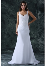 Simple Column Straps Chiffon Brush Train Lace Zipper Up Wedding Dress