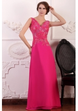 V-neck Empire Chiffon Appliques with Beading Prom Dress in Hot Pink