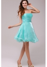 A-line Strapless Aqua Blue Organza Ruching Prom Dress