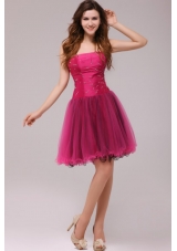 A-line Strapless Beading Organza Fuchsia Prom Dress