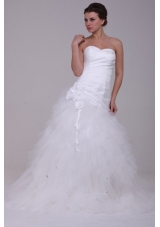 A-Line Strapless Ruching Tulle Wedding Dress with Brush Train