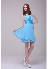 Baby Blue One Shoulder Ruching Prom Dress with Chiffon