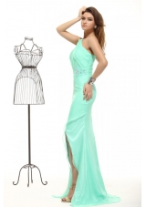 Column Apple Green High Slit One Shoulder Chiffon Beading Prom Dress